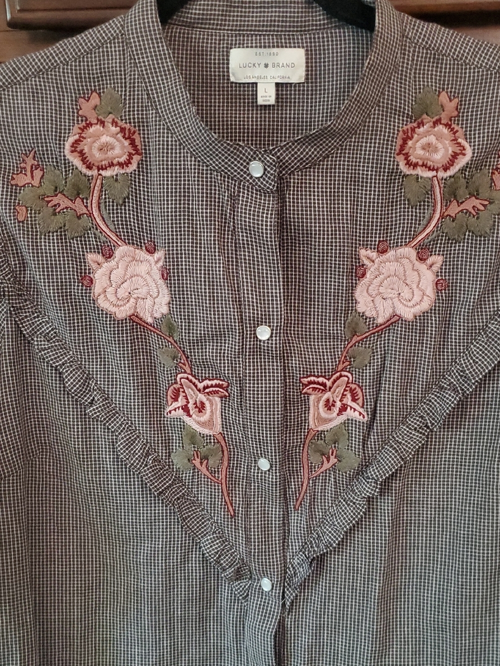 Check Embroidered Ruffle Snap Button Top - Pink Floral - Picture 4 of 8